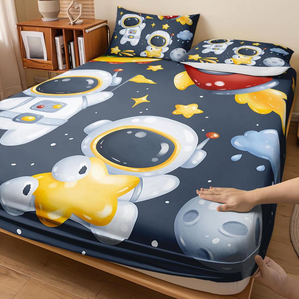 Cat Astronaut Pattern Mattress Three-Piece Digital Printing Mattress Bedding Set Adult Children