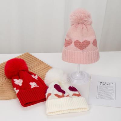 Herbst- und Winter-Babystrickmütze goldener Rand Jacquard Liebe Strickmütze Baby Mädchen doppellagige verdickte Wollmütze