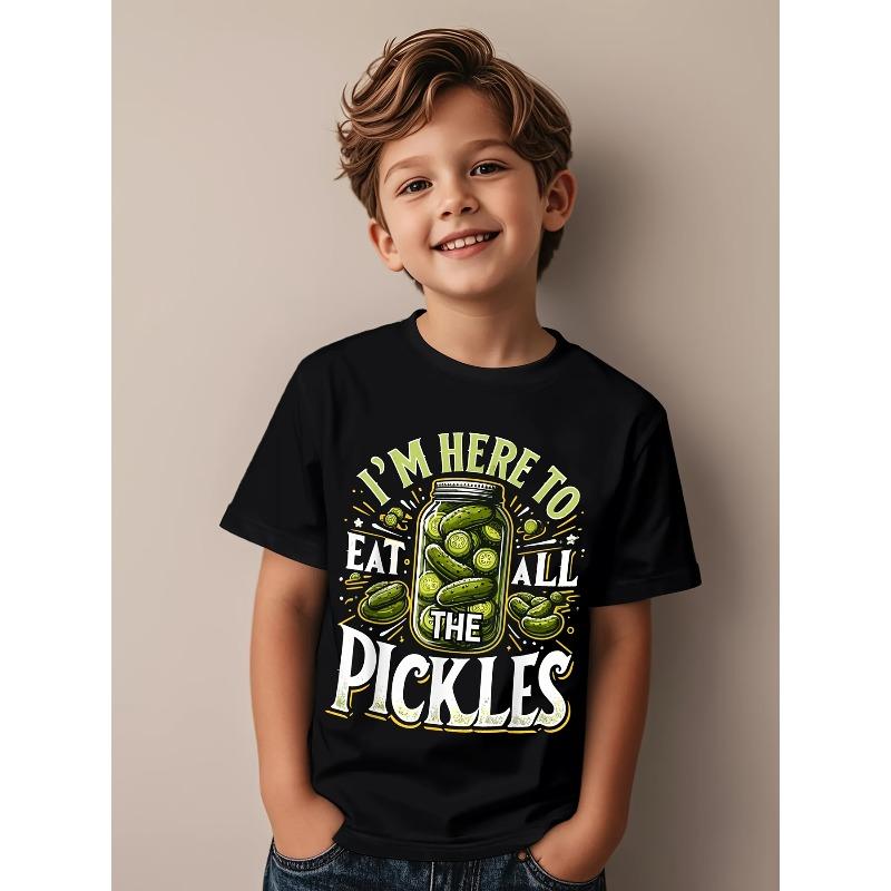 

European sizes Funny I m Here to Eat All the Pickles Graphic T-Shirt for Boys & Girls - Soft Breathable Pickle Jar Design 164cm