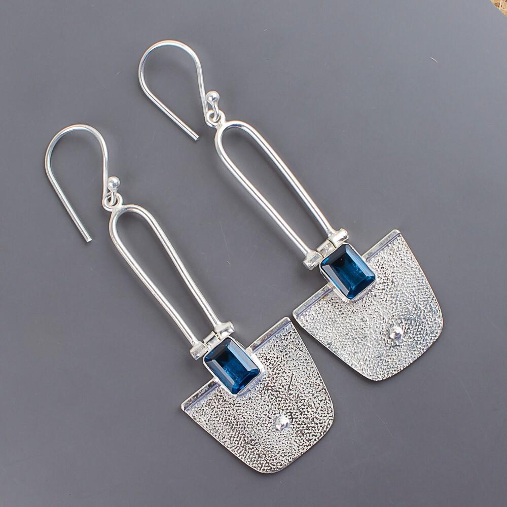 London Blue Topaz Gemstone 925 Sterling Silver Handcrafted Jewelry Earrings 2.2" EE-68-1