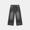 Womens Embroidered Letter Jeans Washed Distressed Cat Whisker Wide Leg Low Rise Flare