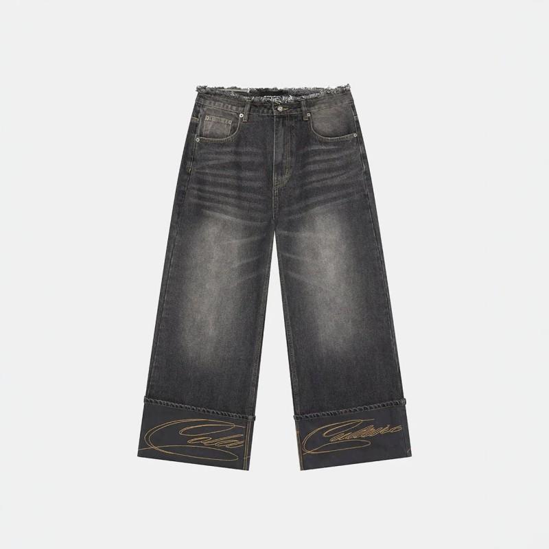 Womens Embroidered Letter Jeans Washed Distressed Cat Whisker Wide Leg Low Rise Flare