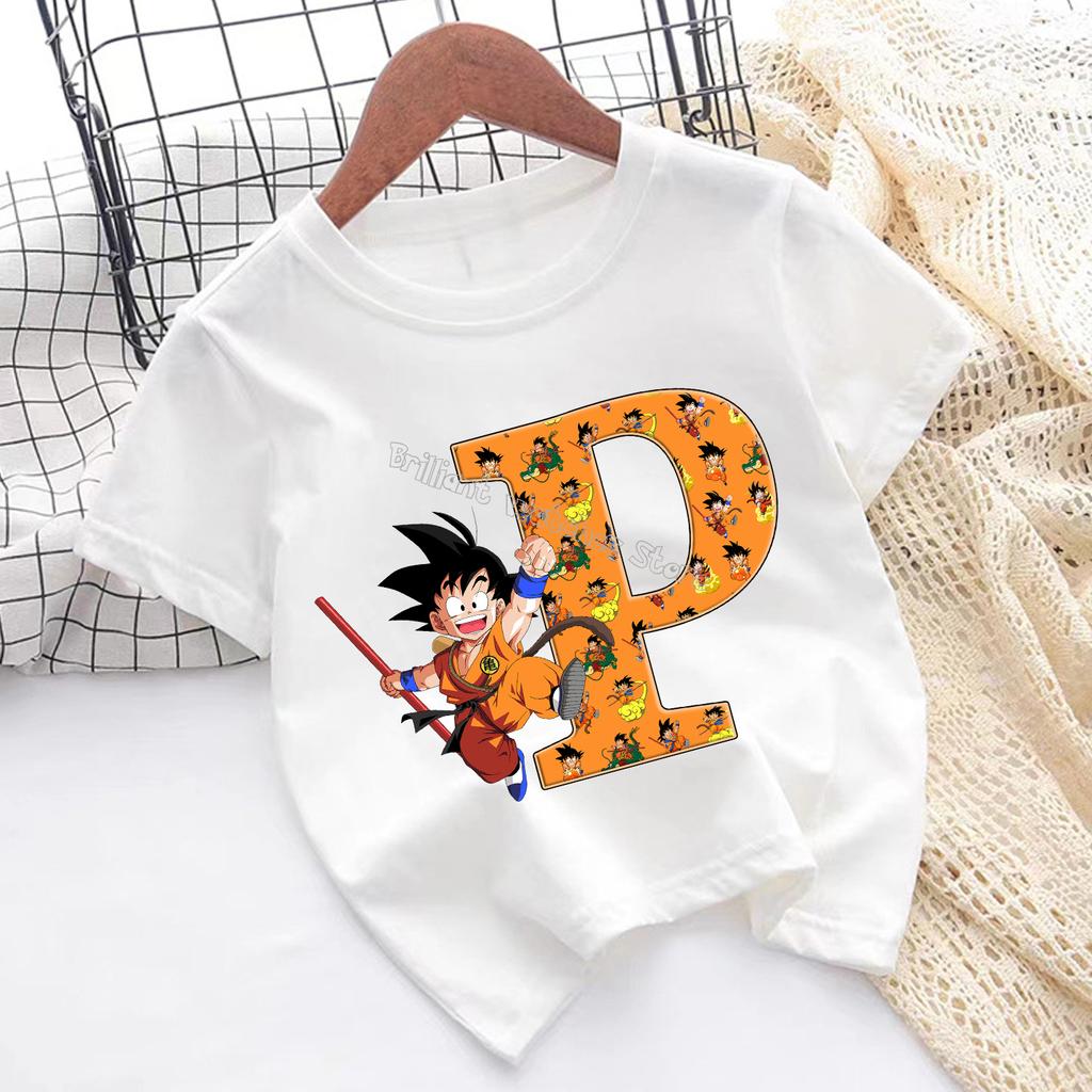 Dragon Ball Goku T-shirt for Children Cartoon Letter A-Z Tee Top Anime Round Collar Clothes Fashion Kids White Clothing Gift