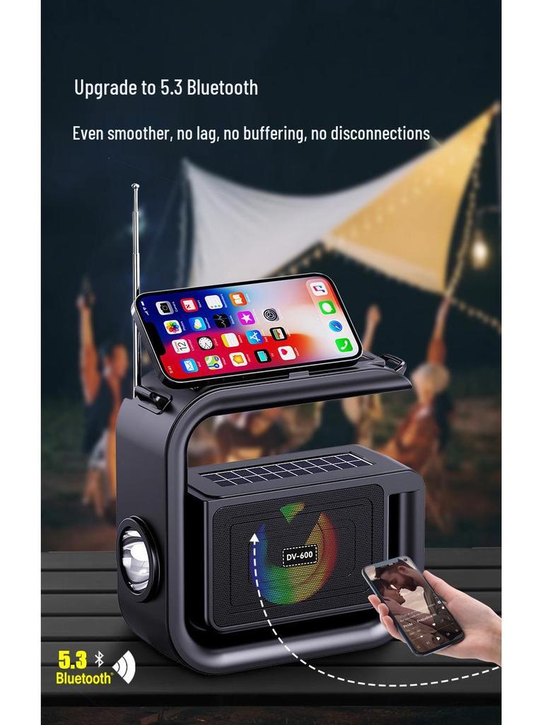 Solar-Powered Bluetooth Speaker with Bass, Flashlight, and Phone Holder for Outdoor Use