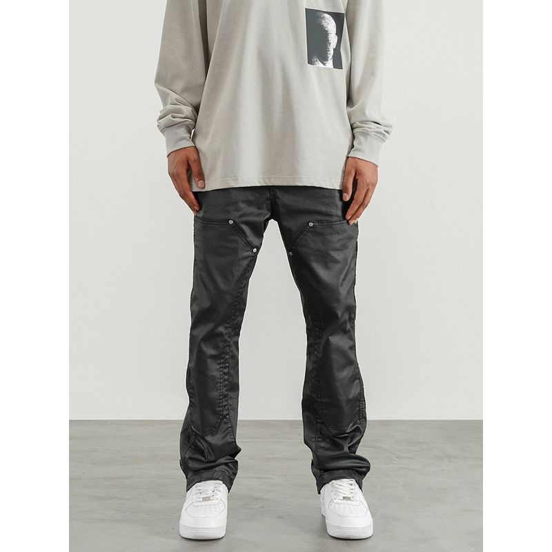 Black of Exit Heavy-Duty Patchwork Rivet Batik-Coated Micro-Flared Cargo Pants High Street Slim-Fit Long Pants for Men