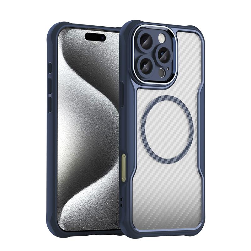 

KEYSION Противоударный чехол для MagSafe для iPhone 16 Pro Max 16 Plus 15 14 Pro Защита камеры Текстура углеродного волокна Чехол для телефона for iPhone 16 Pro синий