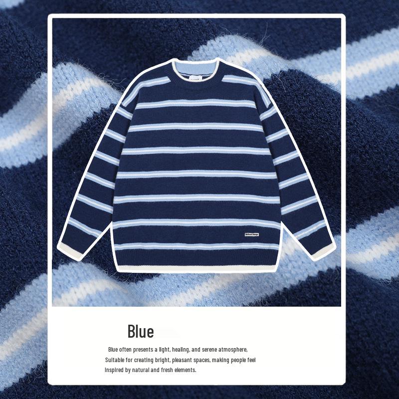 

Японский ретро свитер в полоску с цветными блоками - Осенне-зимний стиль преппи, Унисекс, Длинный рукав, Круглый вырез, Вязаный топ с эффектом двухслойности Extra Large темно-синий