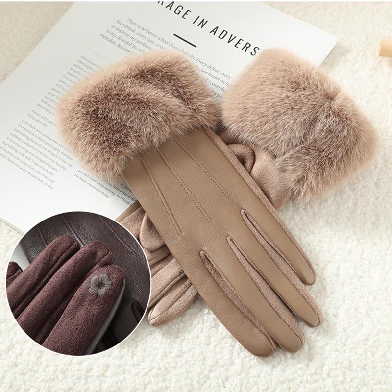 New Leather Fashionable Soft Gloves for Women Artificial Fur Cuffs Winter Warm Touch Screen Gloves Elegant Waterproof Gloves
