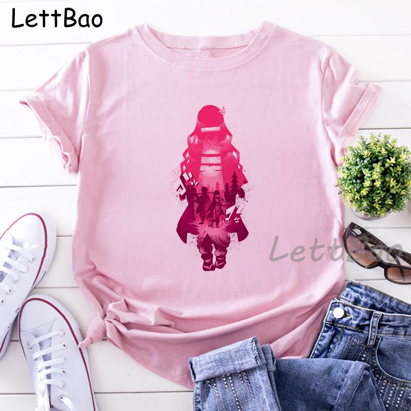 Nezuko Kimetsu No Yaiba Funny Graphic Pink T Shirts Women Vintage Anime Print Tee Shirt 90S