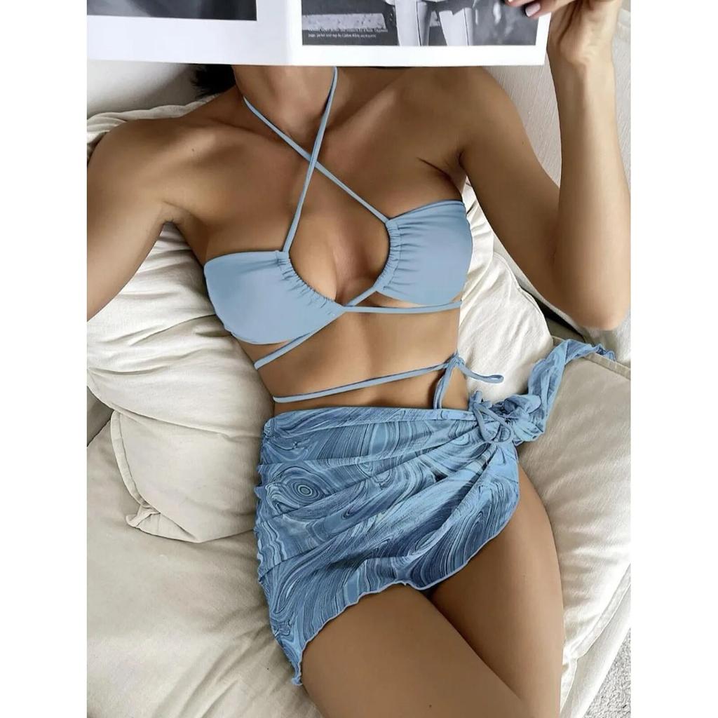 Women's Fashion Drawstring Lace Short Skirt Mesh Bikini Swimwear Set (3 Piece Set with Chest Cushion Without Steel Bracket)