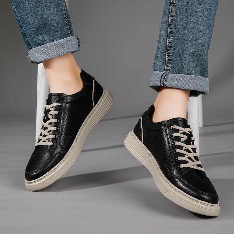 Men's Summer Perforated Leather Sneakers - Breathable Genuine Cowhide with Thick Sole