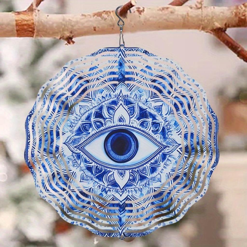 Solarbetriebenes 2D Mandala Windspiel - Metallisch Blau & Weißes Böses Auge Design, Wetterfeste Outdoor Gartendekoration für Veranda
