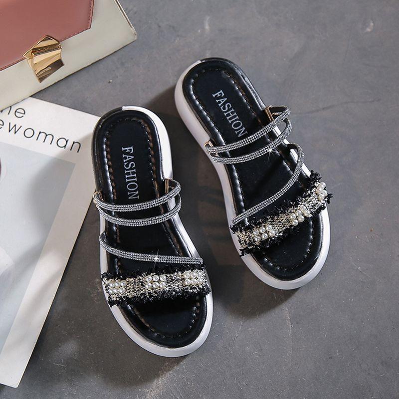 Flat-bottomed Rhinestone Two-wear Sandals for Women's Years, New Summer One-word Sandals with Sandals, and Thick-soled Wedge Heels for Women's Shoes.