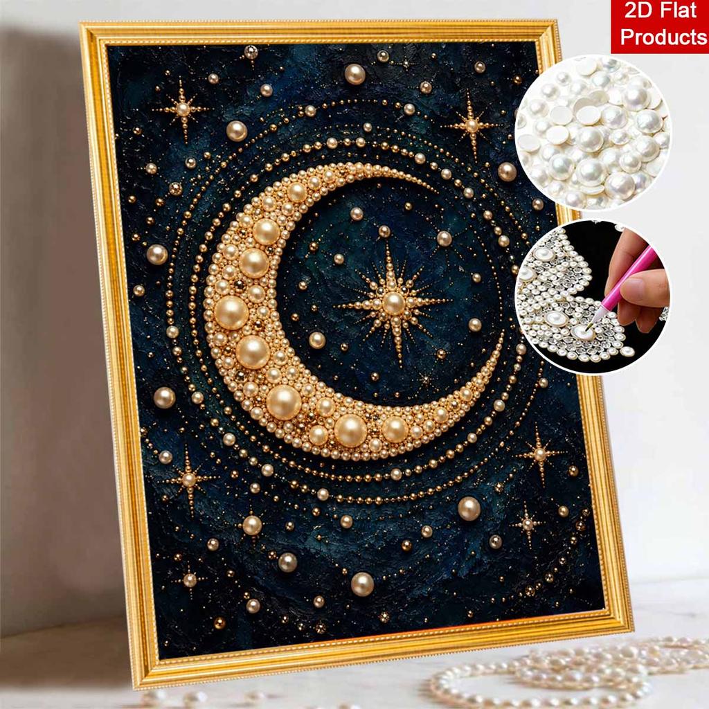 Unique 5D Framed Pearl Painting Kit with Golden Crescent Moon Starry Night Sparkling Bead Art Canvas DIY Handmade Craft for Living Room Decor