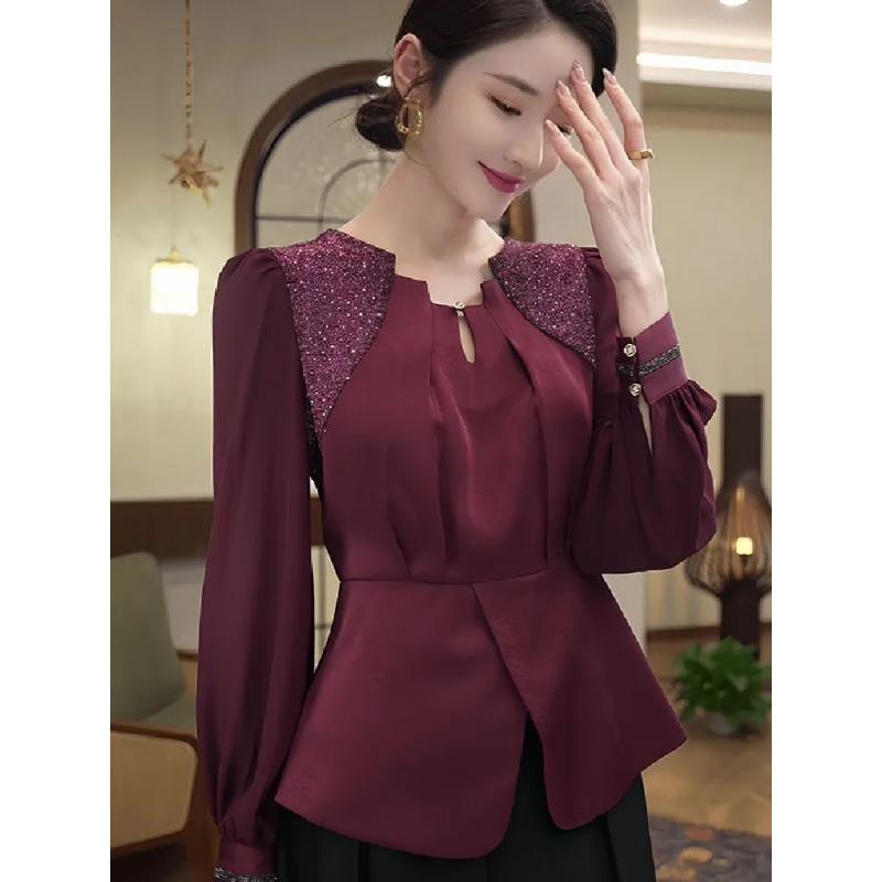 Красная рубашка новый стиль женская легкая роскошь темперамент атлас высококлассная роскошь вставка топ S