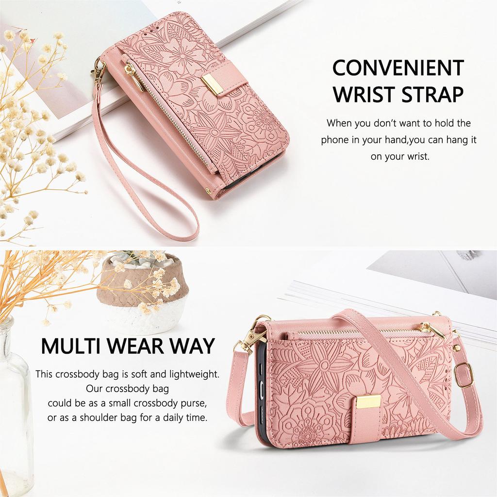 Floral Leather Wallet Case for Samsung Galaxy A05-A71 / S24-S25 series...with Detachable Shoulder Strap