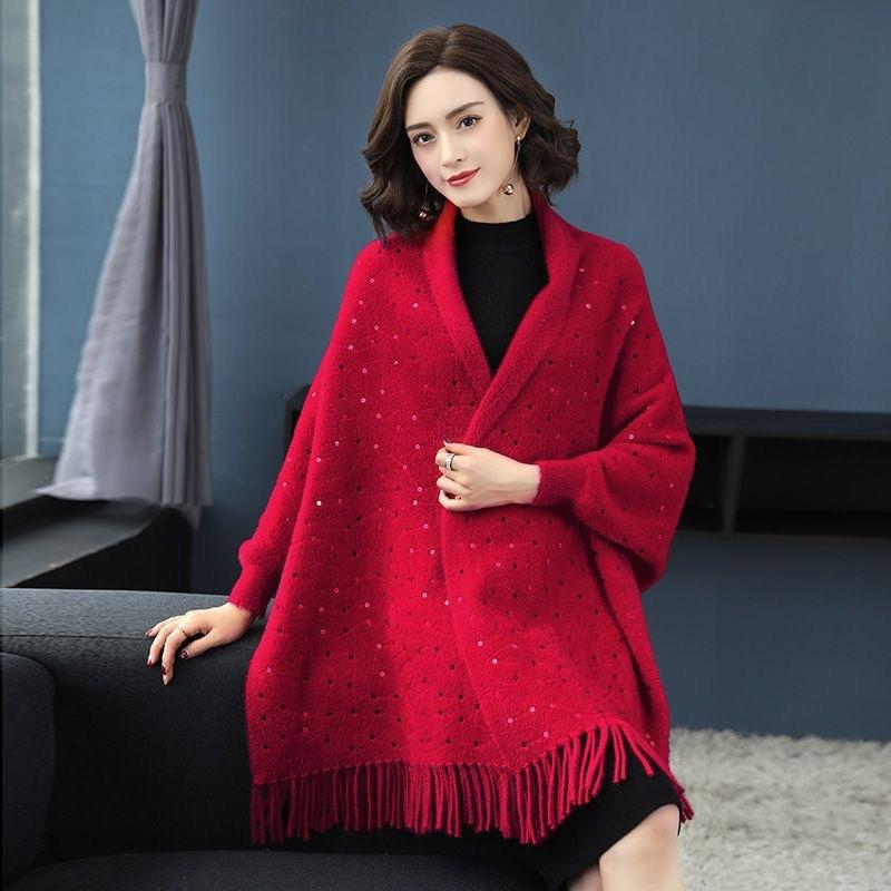

Женская шаль-куртка из норки на осень и зиму с рукавами, вязаный свитер, накидка, плащ бордовый