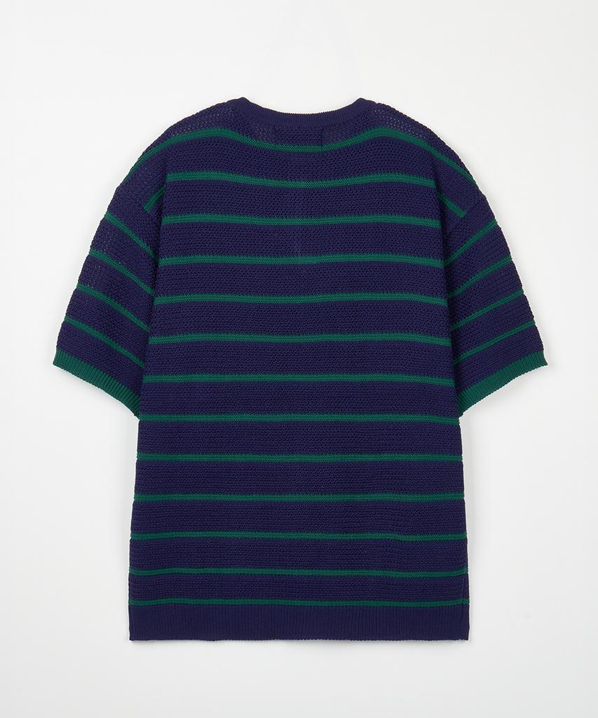 NODU Henley Neck Striped Short Sleeve Knit [Navy]