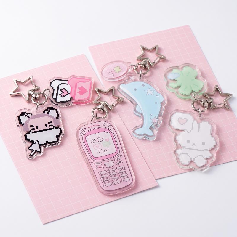INS Trendy Pixel Cartoon Acrylic Keychain 4 Styles Retro Flip Phone Dolphin Rabbit Pendant for Teen Backpack Decor