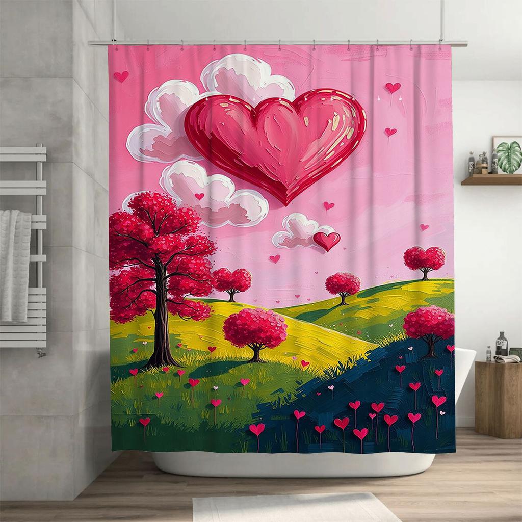 Romantic Heart Landscape Waterproof Shower Curtain Heat Resistant Machine Washable Non-Transparent 180x180cm