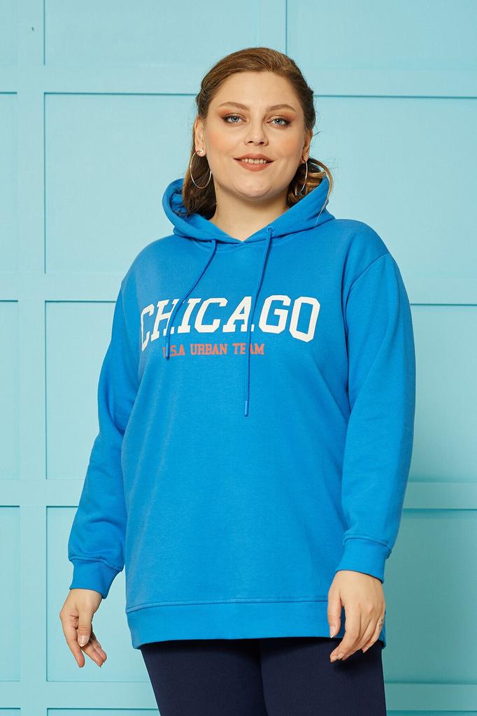 Women's Style Big Size Sweatshirt Chicago Print Hooded Sweatshirt