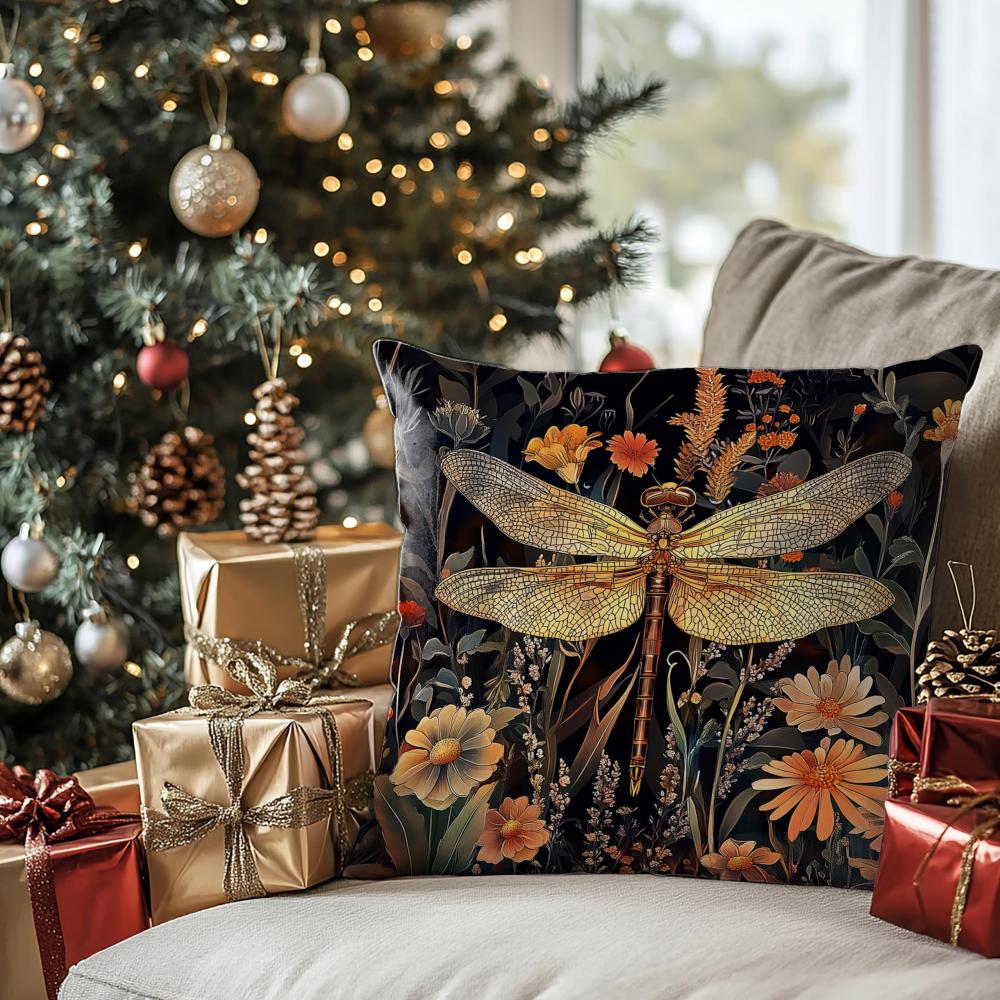 Monika Chen Unisex Golden/Dark Vikama Vintage Dragonfly & Wildflower Pillow Cover Botanical Pillowcase For Couch Bedroom Home Decor