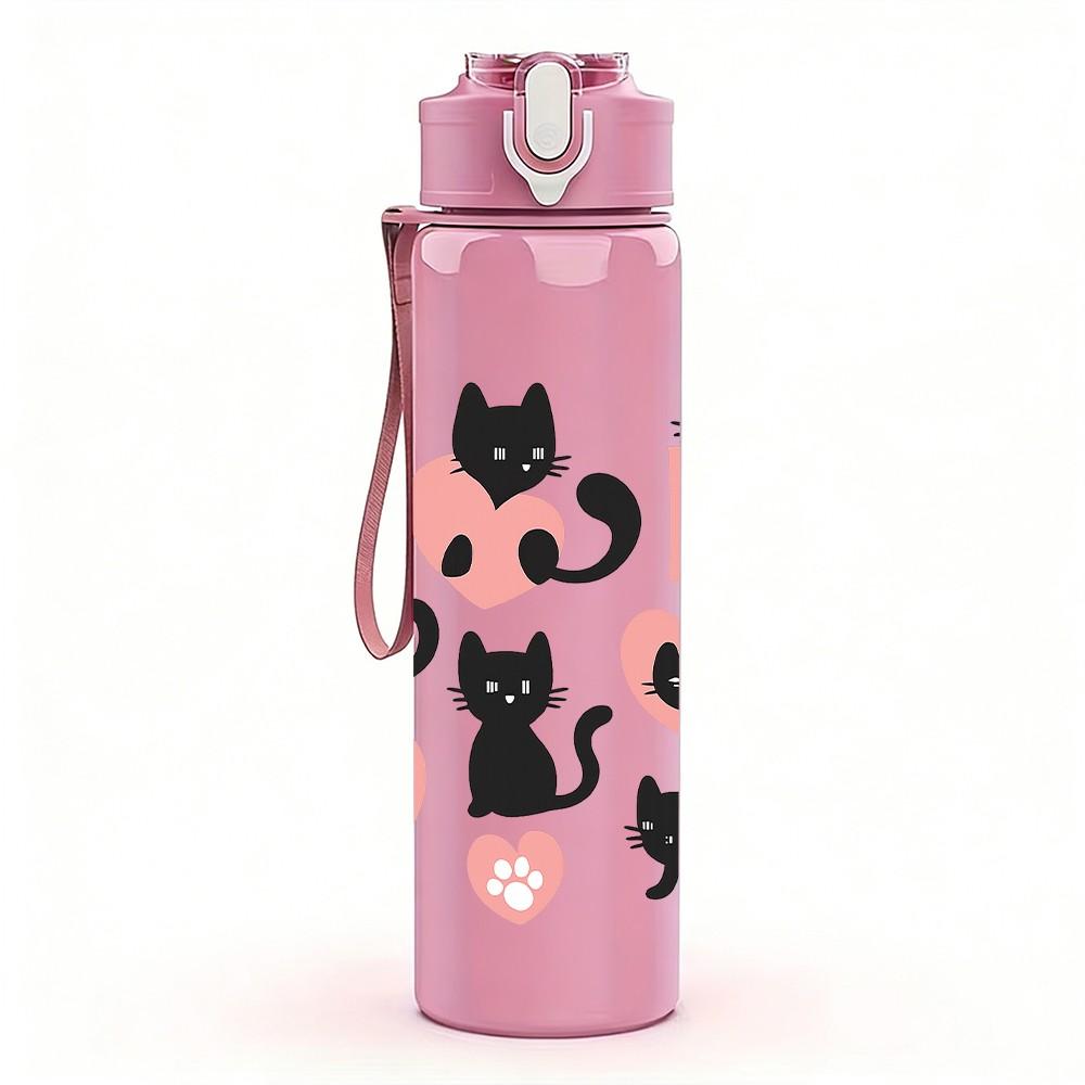 1PC Black Cat Pink Heart Pattern 750ml Color Plastic Sports Water Bottle Leakproof Flip Straw Lid Suitable for Sports Office Home Use