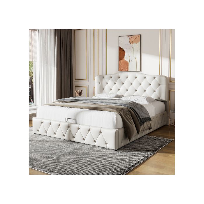 Lit Rembourré - MUVOE - 140 X 200 - Tête De Lit Réglable - Cuir Synthétique - Blanc