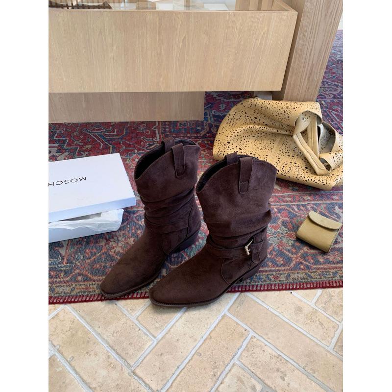 2025 autumn and winter Martin boots V mouth slim small square head retro thick heel belt buckle short boots women Maillard