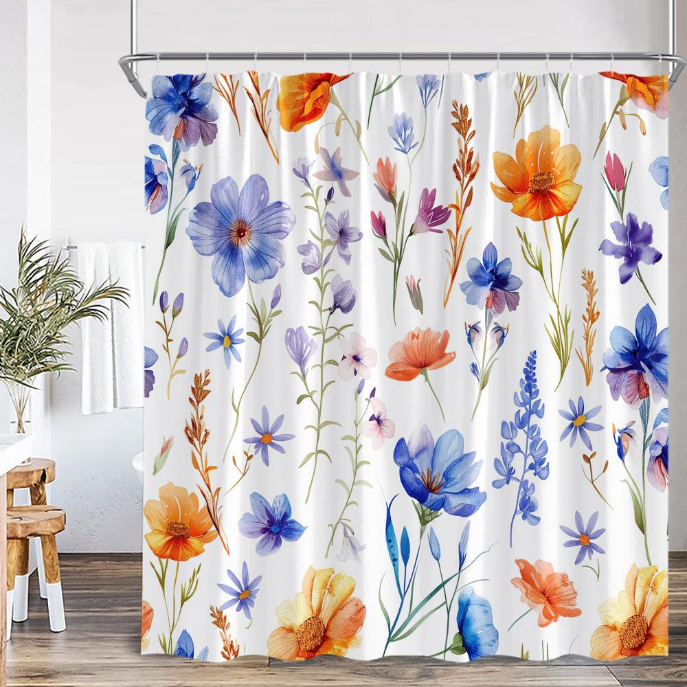 

Floral Leaf Shower Curtain Green Leaves Colorful Flower Plant Nordic Bathroom Decor Modern Polyester Bath Curtain With Hook W60H190(CM)-1 Pcs