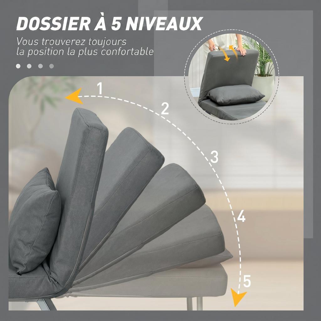 Convertible Armchair, 1-Seater, Folding Bed, Linen, Adjustable Backrest, Pillow, Dark Grey