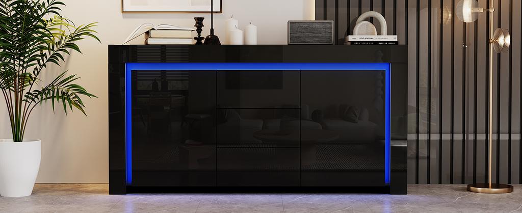 Mobile da soggiorno 140*40*65cm, Cassettiera con 3 cassetti, 2 ante, Mobiletto laterale laccato lucido con striscia luminosa a LED, Credenza con spazio contenitore, Nero