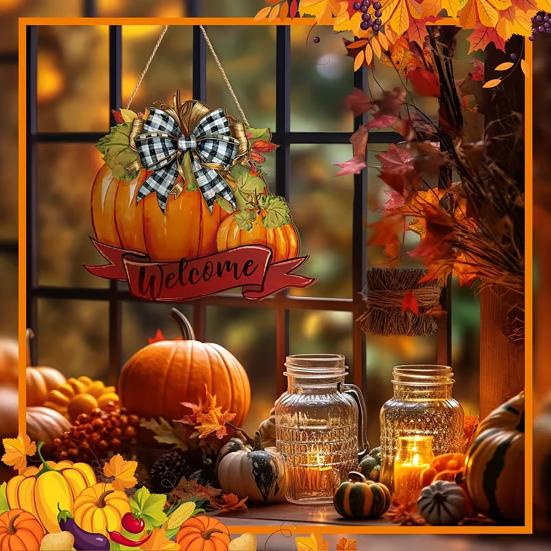 High-definition Printed Pumpkin Fall Welcome Sign, Thanksgiving Door Hanger, Wooden Decor Solid Wood Hanging Porch Sign for Autumn Harvest Farmhouse