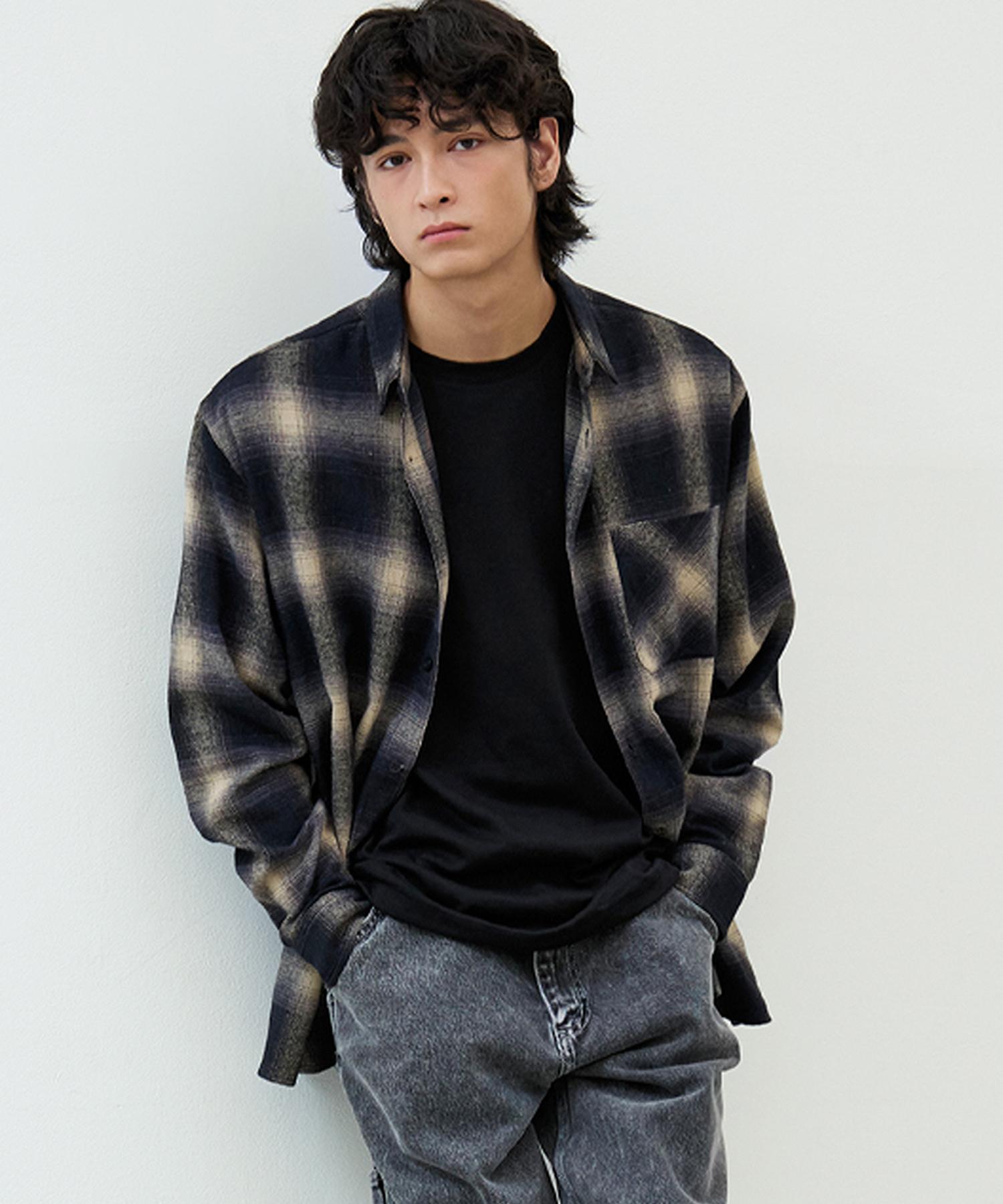 Nod You Nsc Ombre Oversized Tartan Check Long Sleeve Shirt [Black] M