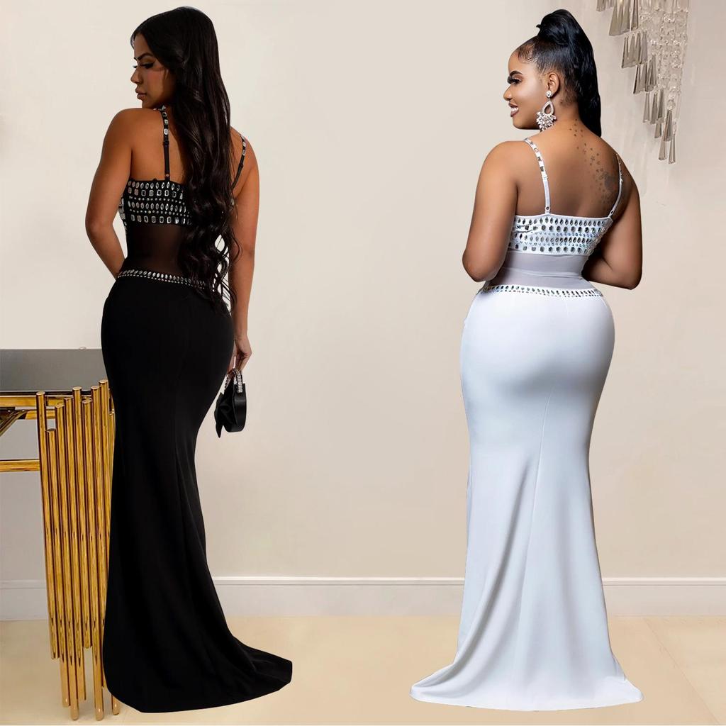 C6989 European & American Fashion Women's Rhinestone Mesh Long Dress