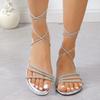 Fashion Summer New Sandals Fashion Round Head Open Toe Sequins Cross Thin Thin with Soft Soles Anti-slip Wear-resistant Strap Flat Shoes