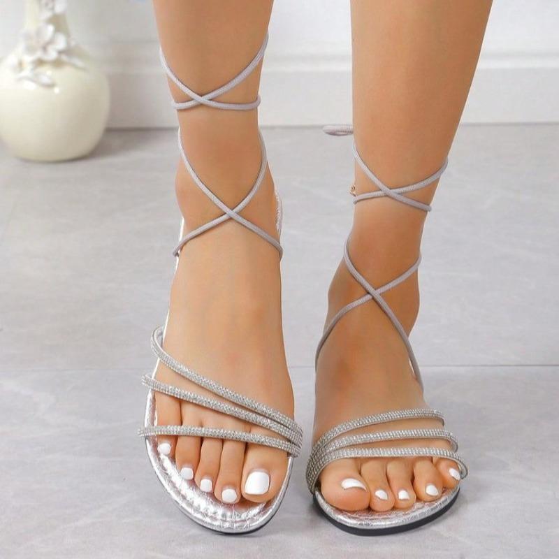 Fashion Summer New Sandals Fashion Round Head Open Toe Sequins Cross Thin Thin with Soft Soles Anti-slip Wear-resistant Strap Flat Shoes