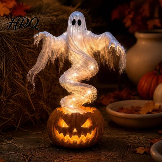 Spooky Ghost Pumpkin Lamps Halloween Swirling Yard Lamp, Lighted Outdoor Holiday Lawn Accents Statue, Warm LED Decoration for Porch Garden Decorative