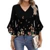Women's Fashion Casual Seven-minute Sleeve Vintage Floral Print Top V-neck T-shirt Flared Sleeve Shirt