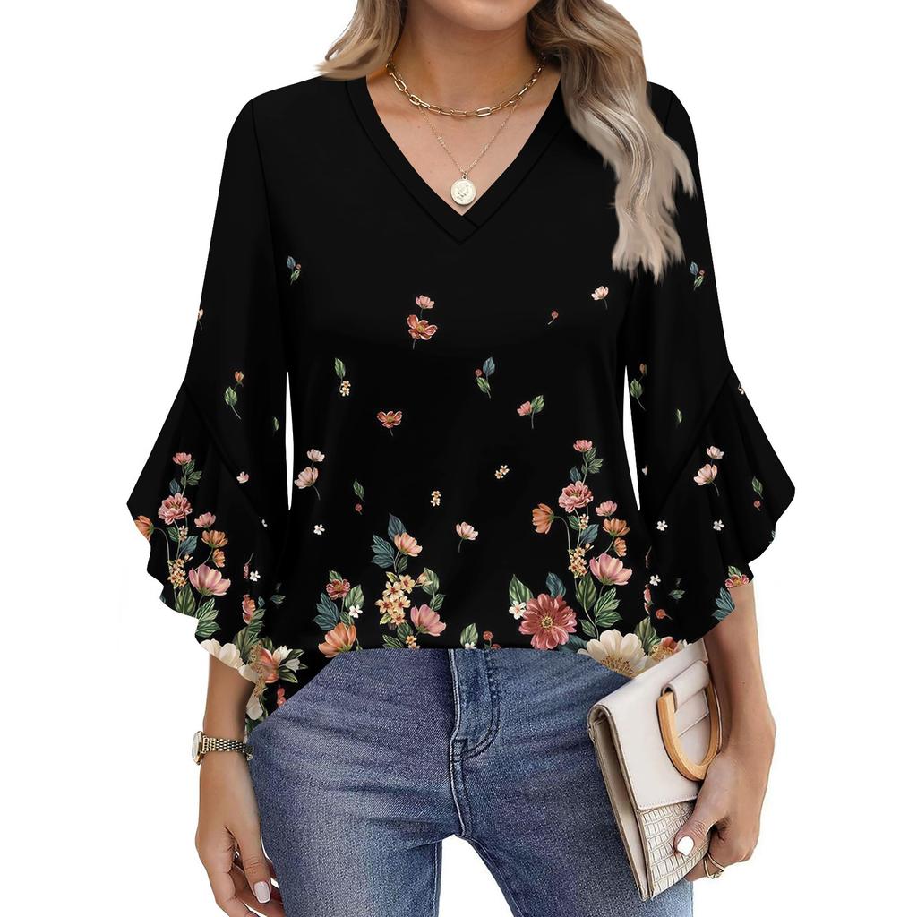 Women's Fashion Casual Seven-minute Sleeve Vintage Floral Print Top V-neck T-shirt Flared Sleeve Shirt