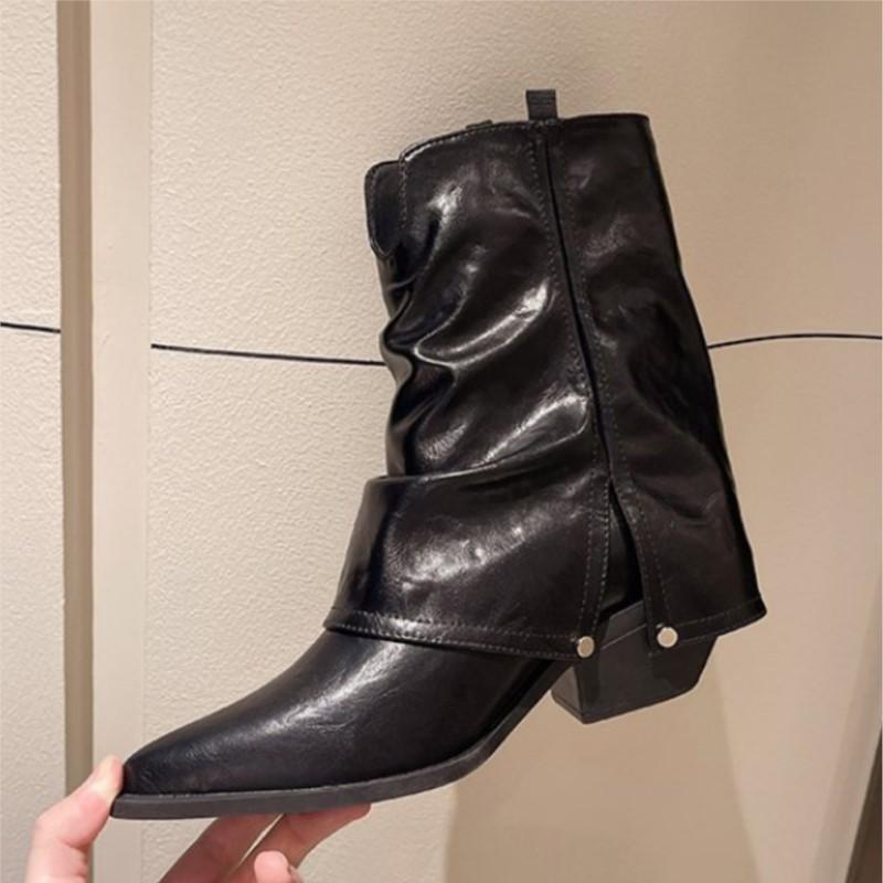 Pointy Mid-tube Boots Women's Mid-heel New Women's Pleated Pile Boots Skinny Leg Little Booties Women's Boots C951