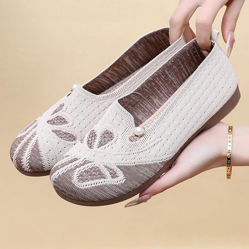 Damen Freizeit Flache Schuhe 2026 Herbst Bequem Rutschfest Outdoor Wanderschuhe Mesh Atmungsaktiv Gestrickt Perlenblume Freizeitschuhe