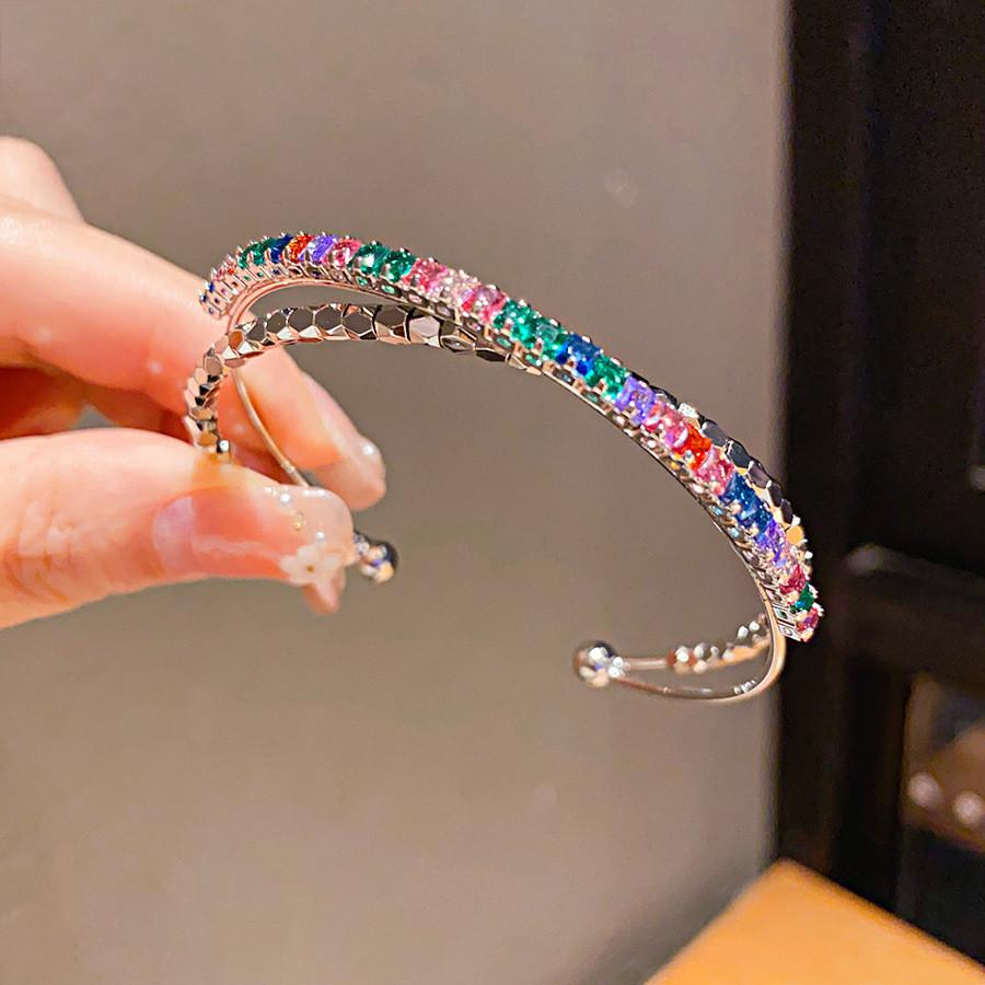 Geometric Zircon Metal Open Cuff Bracelet With Sparkling Stones For Women Fashion Jewelry
