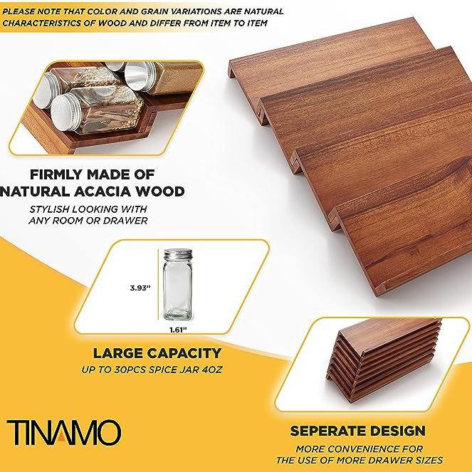 4-Tier Solid Wood Spice Rack Drawer Tray for Cabinet Storage