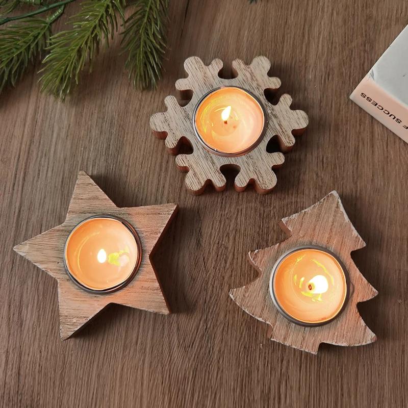 Christmas Wooden Candle Holder Snowflake Xmas Tree Candlestick 2025 Christmas Home Table Decorations Ornament New Year Gift
