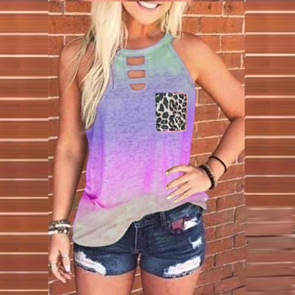 Womens Tie-Dye Leopard Pocket Sleeveless Tank Top Casual Summer Blouse Shirts