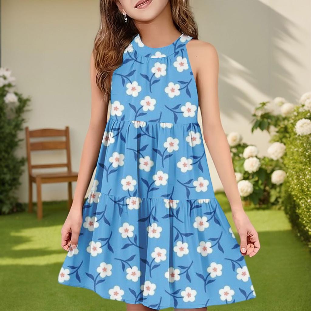 Dětské letní ležérní módní šaty bez rukávů s kulatým výstřihem