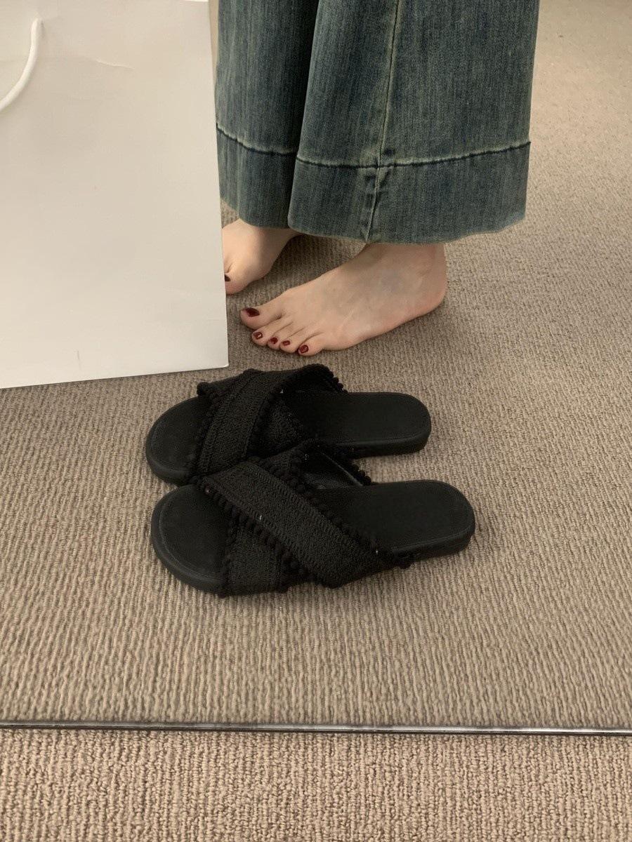 

Ethnic style crossed with flat slippers women s summer sandals seaside vacation casual beach shoes 35 чёрный