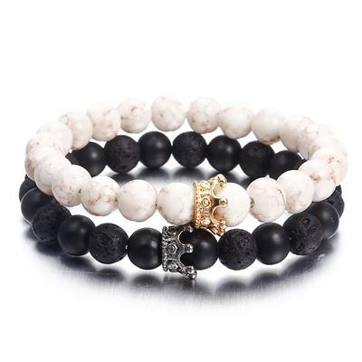 Bracciali fatti a mano con perline di lava nera per la distanza di coppia, ciondolo a corona, bracciale da uomo in pietra naturale, gioielli da yoga da donna, regalo