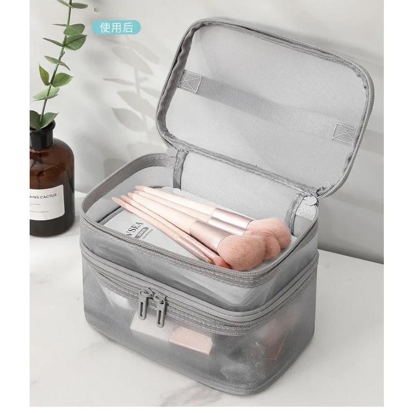 Large Capacity Mesh Cloth Makeup Bag Travel Essentials Cosmetics Organizer Women Toiletry Bag Double Layer Design Cosmetic Bag